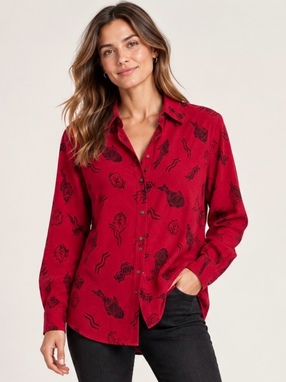 Dressbarn Red Black Geometric Print Button Front Long Sleeve Shirt Size Large